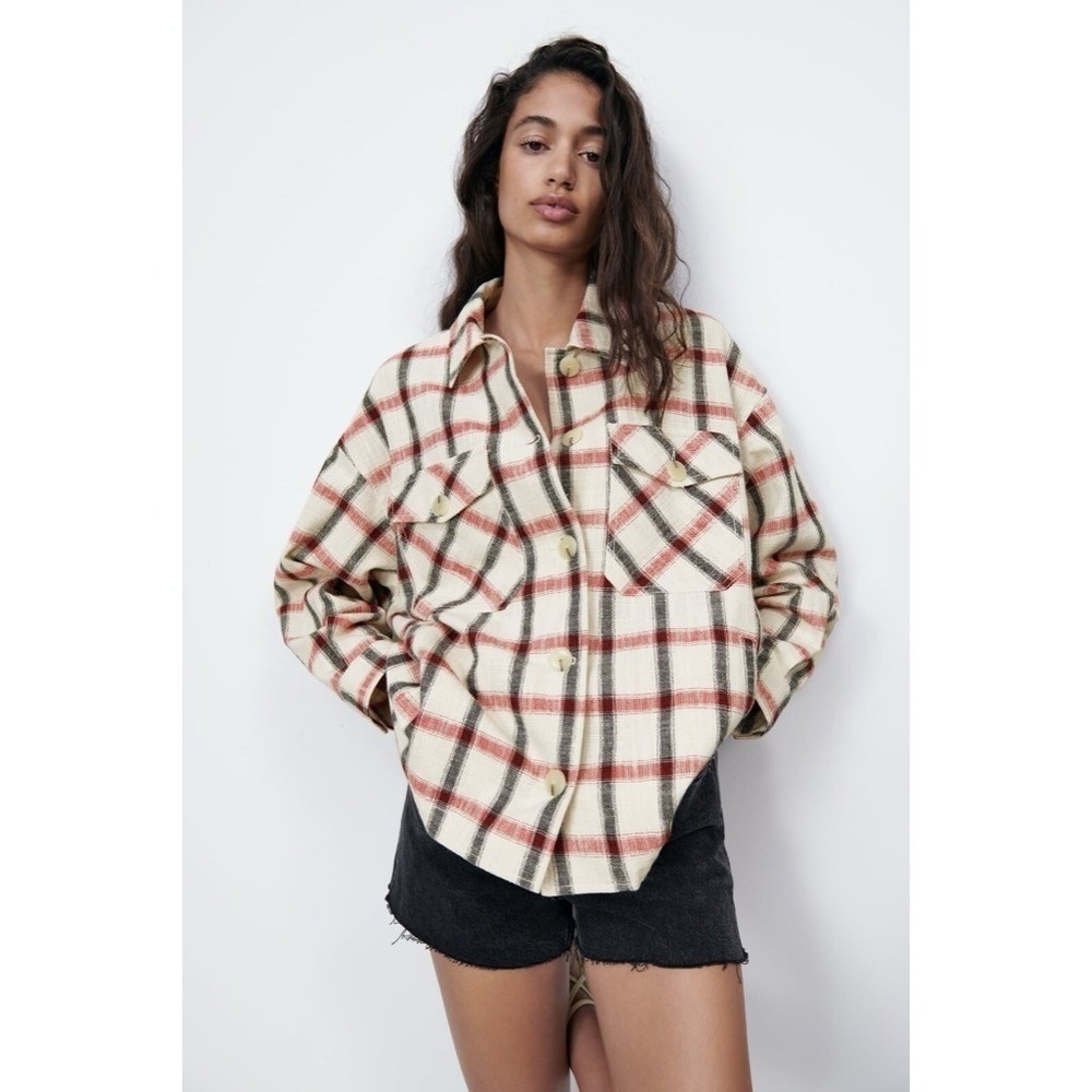NWT!! ZARA Plaid Oversized Buttondown Shirt Red White Black Pockets Retro Small